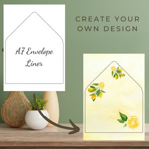 May include: A white A7 envelope liner with a dotted line border. The liner is blank, but the image shows an example of a lemon-themed design that could be used to decorate the liner. The text "A7 Envelope Liner" is printed on the liner.