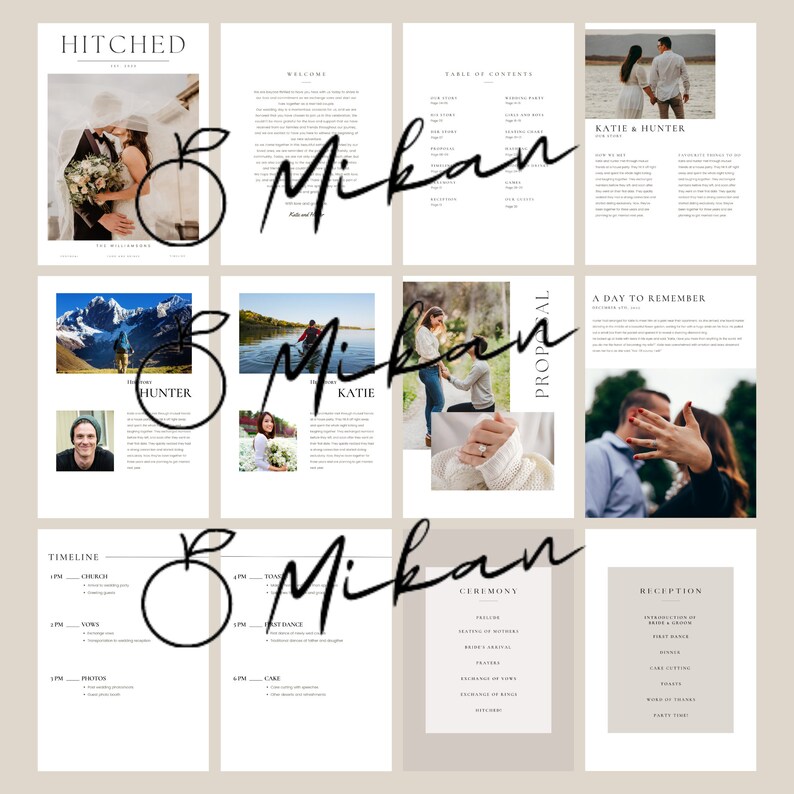 May include: A wedding program with a timeline, ceremony details, and reception information. The program features a simple design with black text on a white background.
