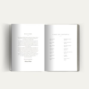 May include: A wedding program with a white background and black text. The front cover has the word "Welcome" in a large font and a message about the couple's love and commitment. The back cover has a table of contents with headings for "Our Story", "His Story", "Her Story", "Proposal", "Timeline", "Ceremony", and "Reception".
