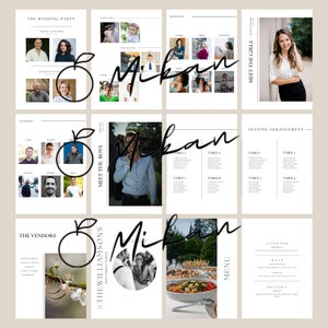 May include: A wedding planning guide with a white background and black text. The guide includes sections for the wedding party, seating arrangement, menu, and vendors. The guide also includes photos of the wedding party and the wedding venue.