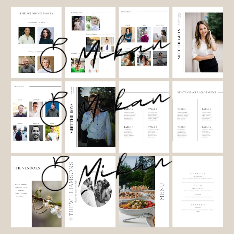 May include: A wedding planning guide with a white background and black text. The guide includes sections for the wedding party, seating arrangement, menu, and vendors. The guide also includes photos of the wedding party and the wedding venue.