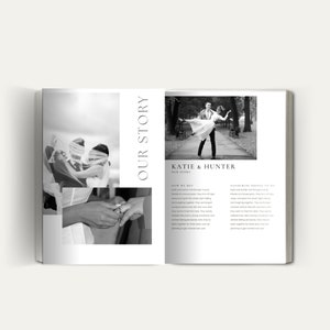 May include: Black and white photo of a couple's wedding album with the text "Our Story" and "Katie & Hunter" on the cover. The album features photos of the couple holding hands, kissing, and dancing.