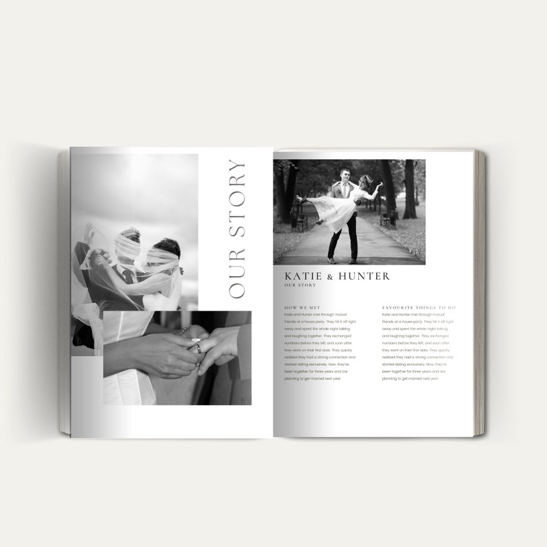 May include: Black and white photo of a couple's wedding album with the text "Our Story" and "Katie & Hunter" on the cover. The album features photos of the couple holding hands, kissing, and dancing.