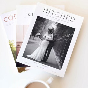 May include: A wedding program with a black and white photo of a bride and groom on the cover. The program is titled "Hitched" with the date "Est. 2023". The program also includes the names "The Williamsons" and sections for "Proposal", "Food and Drinks", and "Timeline".