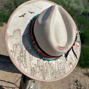 HAND BURNED wide brim hat | branded hat | flowers and leaves | burned hat | western hat
