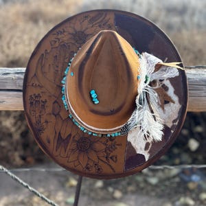 Custom Hand Burned Western Hat: Cow Print, Flowers & Leaves