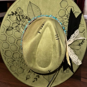 CUSTOM HAND BURNED wide brim hat | branded hat | flowers and leaves | burned hat | western hat