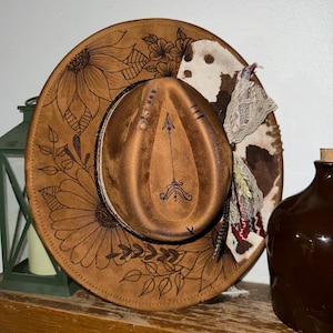 CUSTOM HAND BURNED wide brim hat | branded hat | flowers and leaves | burned hat | western hat | Cow print