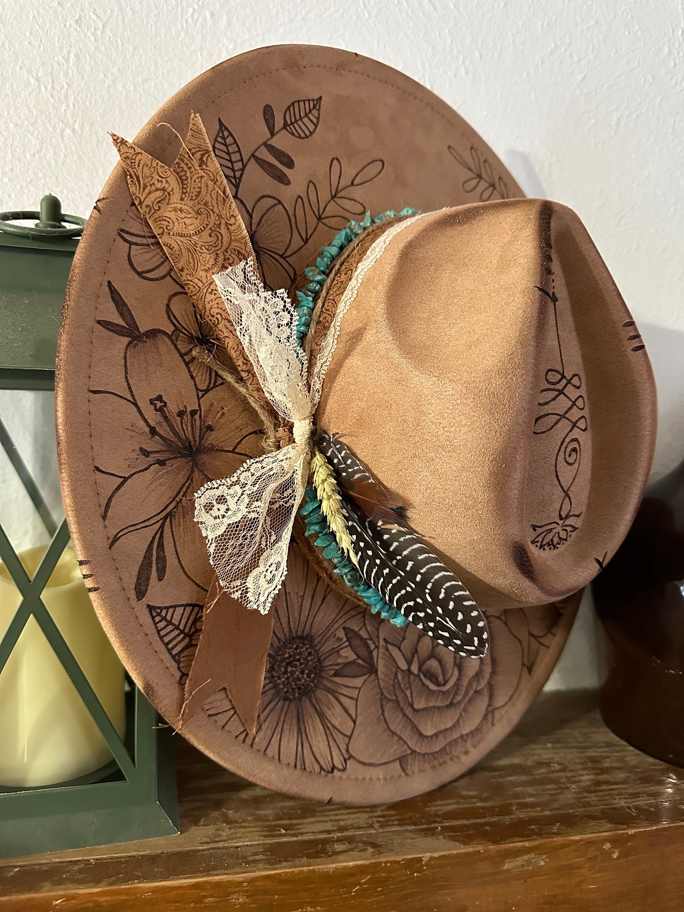 Custom Burned Western Hat: Floral Design, Turquoise Beads - Etsy