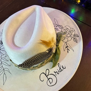 CUSTOM HAND BURNED wide brim hat | Bride | branded hat | flowers and leaves | burned hat | western hat