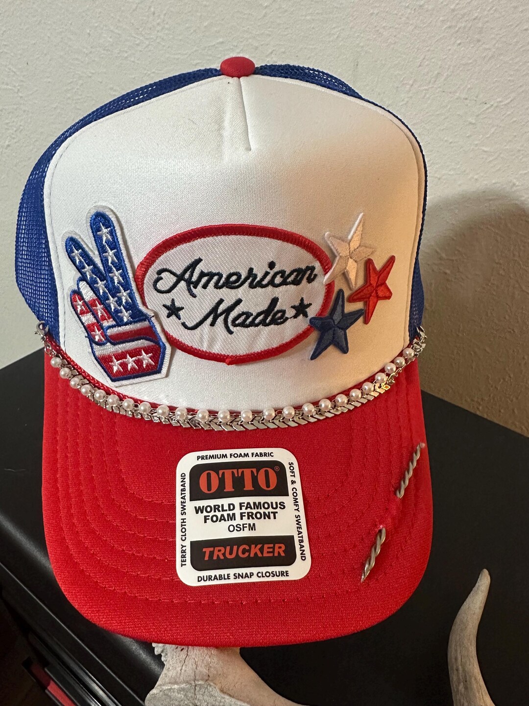 OTTO Red and White Trucker Hat with Blue Accents OTTO Red, White, & Blue Foam Front Mid Profile Trucker Hat  main image 4
