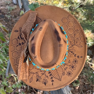 CUSTOM HAND BURNED wide brim hat | branded hat | flowers and leaves | burned hat | western hat