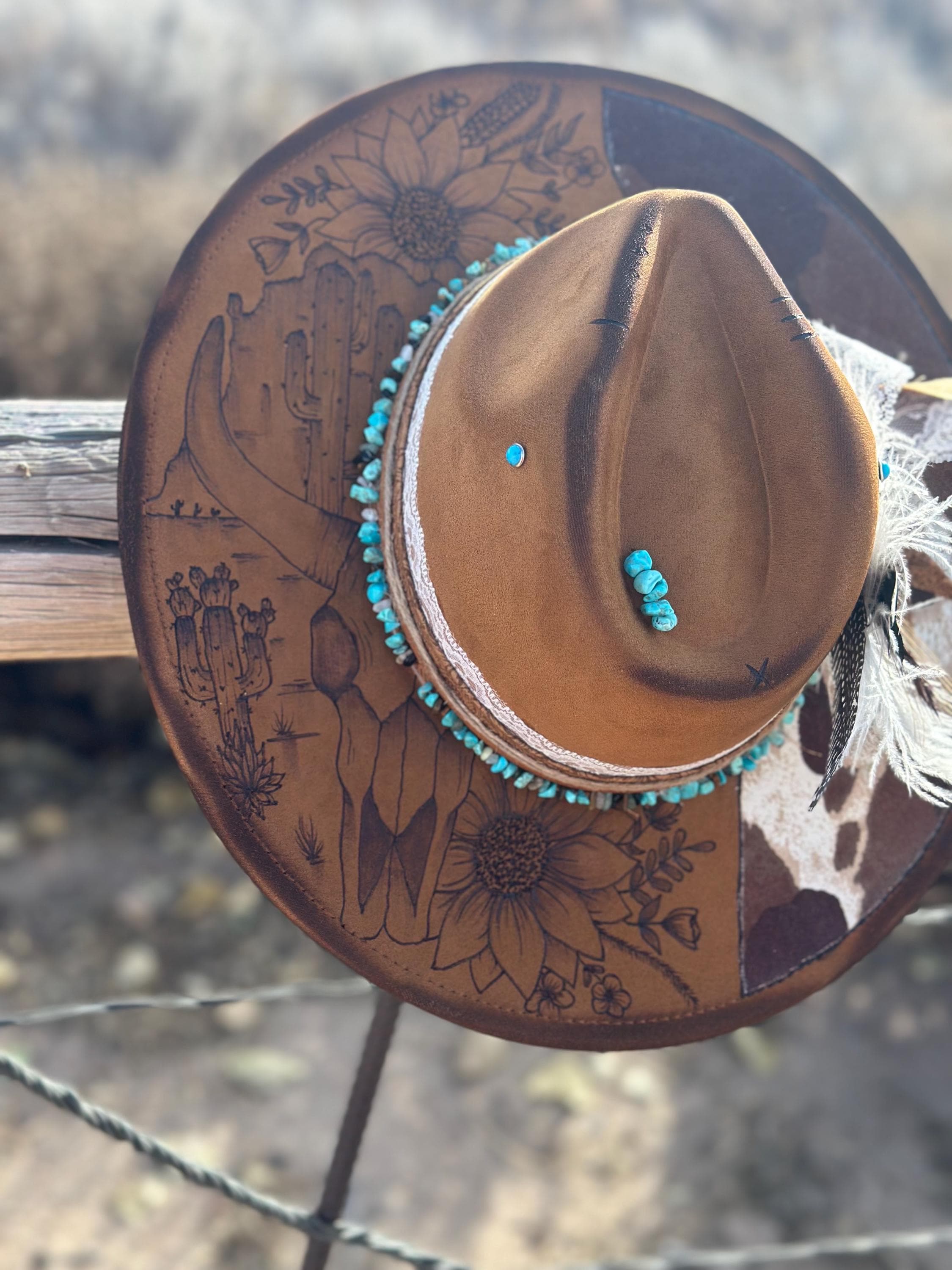 Custom Burned Western Hat | Cow Print, Flowers & Leaves - Etsy