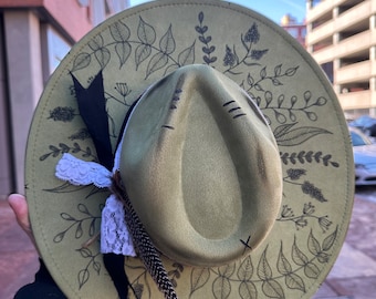 CUSTOM HAND BURNED wide brim hat | Bride | branded hat | flowers and leaves | burned hat | western hat