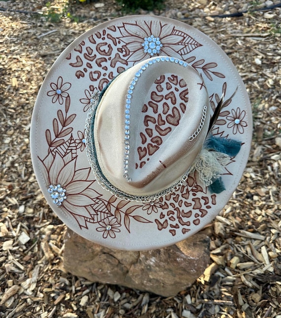 Custom Burned Western Hat: Ivory Wide Brim With Bling - Etsy