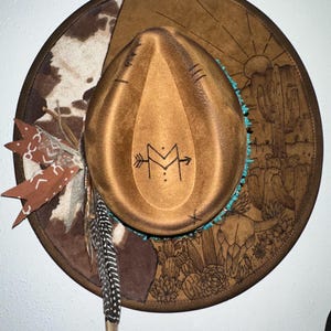 CUSTOM HAND BURNED wide brim hat | branded hat | flowers and leaves | burned hat | western hat | Cow print