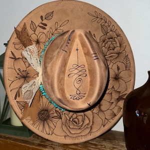 CUSTOM HAND BURNED wide brim hat | branded hat | flowers and leaves | burned hat | western hat