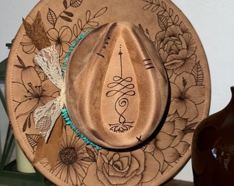 CUSTOM HAND BURNED wide brim hat | branded hat | flowers and leaves | burned hat | western hat