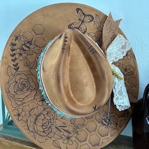 CUSTOM HAND BURNED wide brim hat | branded hat | flowers and leaves | burned hat | western hat