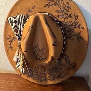 CUSTOM HAND BURNED wide brim hat | branded hat | flowers and leaves | burned hat | western hat
