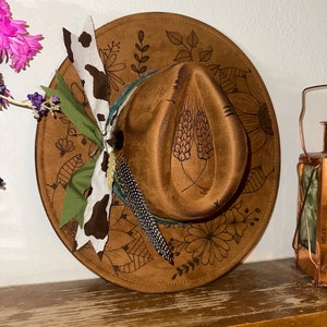 CUSTOM HAND BURNED wide brim hat | branded hat | flowers and leaves | burned hat | western hat