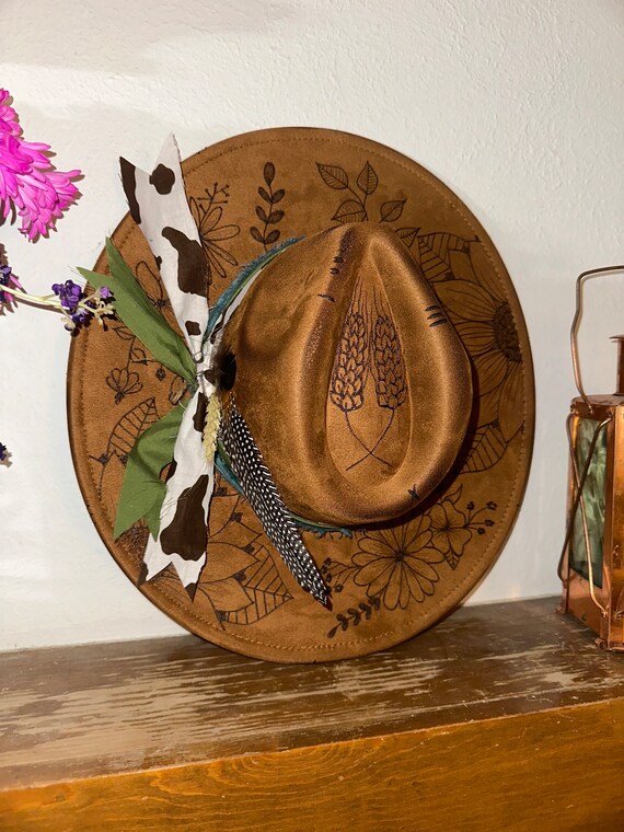 Hand made custom Floral Beige Vegan Suede Hand Burned Hat with Orange/White Band Vintage Floral Burned Hat, Floral Engraved Cowboy Hat  main image 4