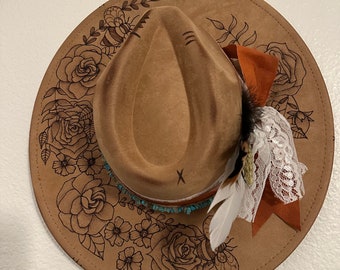 Hand Burned Wide Brim Fedora Hat: Black, Red, Turquoise With  display picture 2