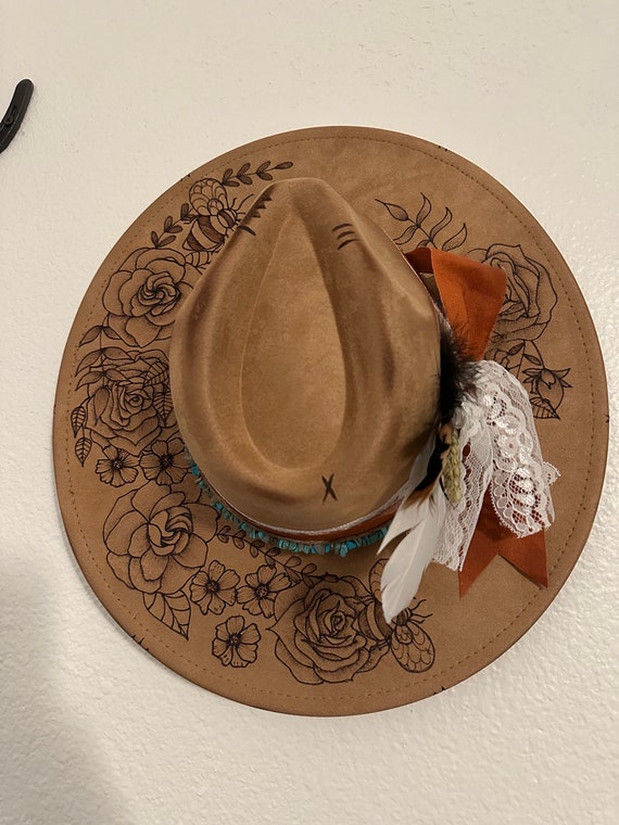 Hand Burned Floral Western Hat: Custom Wide Brim Faux Suede  display picture 3