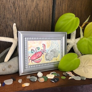 Ocean Friends - Cute Alien Crab - Watercolor Painting - 3&quot; x 4&quot; Original Framed Art - Mini Art - Desktop Art - Kids Room Art