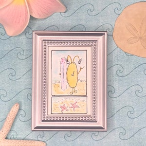Ocean Friends - Cute Alien & Starfish - Watercolor Painting - 3&quot; x 4&quot; Original Framed Art - Mini Art - Desktop Art - Kids Room Art