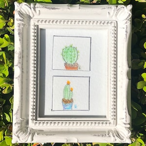 Mini Framed Cactus Art - Watercolor - 3.5&quot; x 4&quot; Framed Original  - Mini Plant Art - Desktop Plant Art - Tiny Plant Art