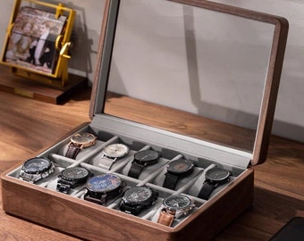 Massivholz Uhrenbox Glas Top Aufbewahrungsbox Premium Holz Uhr Organizer 10 Slots Uhrenbox Vintage Rustikale Schmuckbox Großer Organizer