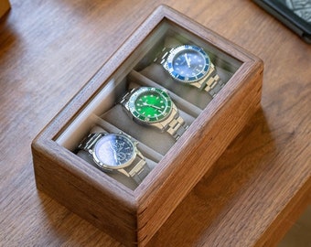 Solid Wood Watch Box Glass Top Storage Box Premium Wooden Watch Organizer 3 Slot Watch Box Vintage Rustic Jewelry Box Small Travel Organizer