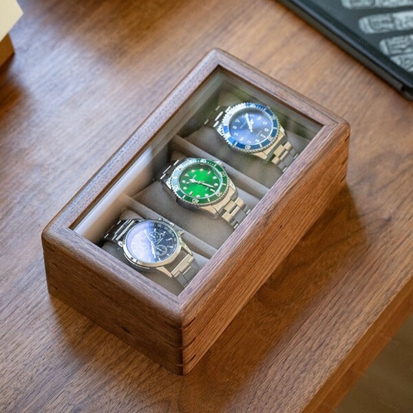 Boîte de montre en bois massif, boîte de rangement avec plateau en verre, organisateur de montre en bois de qualité supérieure, boîte de montre à 3 fentes, boîte à bijoux rustique vintage, petit organisateur de voyage