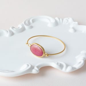 Pink Agate Gold Bangle: 24K Plated Copper Bracelet, Handmade 7&quot; Jewelry