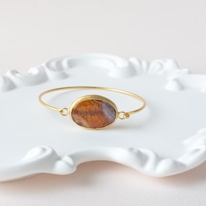 Brown Lace Agate Bangle: 24K Gold Plated Copper, Handmade 7&quot; Bracelet