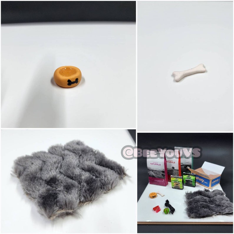 Puede incluir: Un conjunto de cama para perros en miniatura con una cama de felpa gris, un peque&ntilde;o cuenco de comida naranja con un dise&ntilde;o de hueso negro, un hueso blanco y dos bolsas de comida para perros. Las bolsas de comida para perros est&aacute;n etiquetadas como "Naturals".