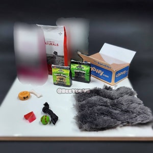 Miniature dog subscription chewy box including miniature dog toys mini cat food, mini dog treats,dog bone, and dog blanket 1:6 1 to 12 scale