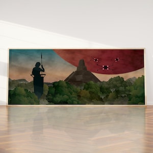 May include: A framed art print depicting a silhouetted figure on a tower, a pyramid, and three flying vehicles against a red planet. The artwork features a landscape with green trees and a blue and orange sky.