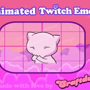 May include: Animated Twitch emote featuring a pink cat with a pink background and a grid pattern. The text "Animated Twitch Emote" is at the top of the image and "made with love by Craftdust" is at the bottom of the image.