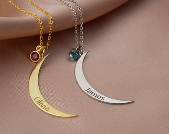 Custom Name Birthstone Moon Necklaces For Couples, Engraved Moon Necklaces For Lovers, Matching Name Necklace, Gift For Couple, Gift For Men