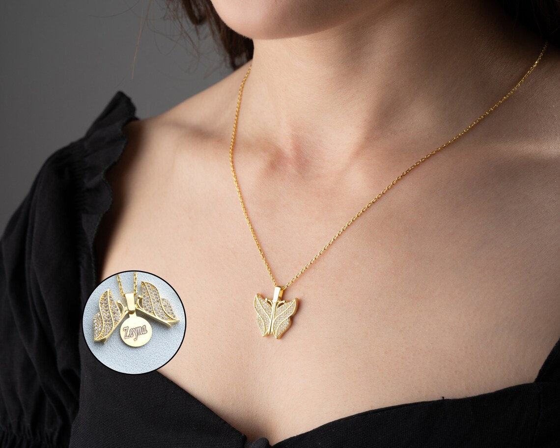 Butterfly Necklace Engraved Butterfly Necklaces Silver Etsy