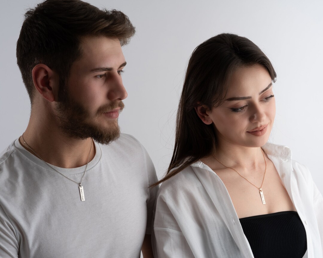 Personalized Name Date Bar Necklace, Custom Double Sides Engraved