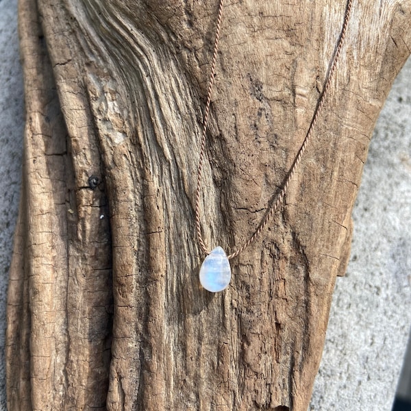 Tiny Rainbow moonstone necklace, Silk cord, Sterling clasp