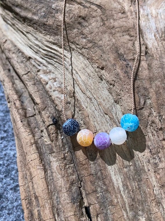 Crackle Agate Necklace, Silk Cord, Sterling Clasp