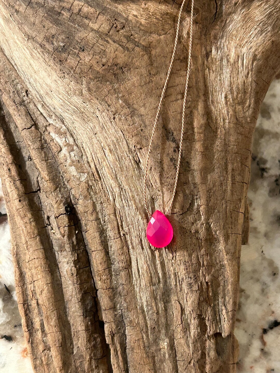 Hot Pink Chalcedony Necklace, Silk Cord, Sterling Clasp Etsy