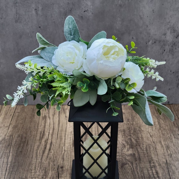 Lantern Centerpiece for Table, Lantern Swag, Lantern Topper, Farmhouse Swag, Tabletop Arrangement, Peony Eucalyptus Lamb Ear Lavender Swag