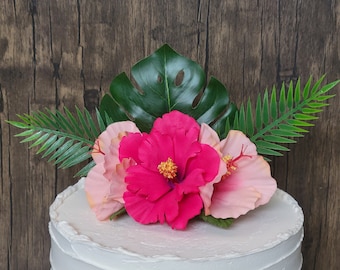 Tropical Cake Topper, Hibiscus Flowers Palm Leaves Monstera Leaves Cake Decoration, Hawaiian Luau Party Cake Decoration, Summer Party Decor