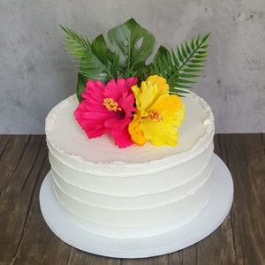 Tropical Cake Topper, Hibiscus Flowers Palm Leaves Monstera Leaves Cake Decoration, Hawaiian Luau Party Cake Decoration, Summer Party Decor