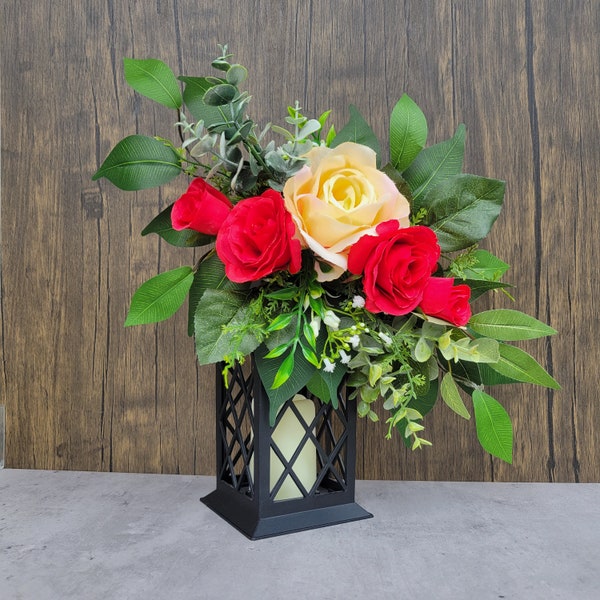 Lantern Centerpiece for Table, Lantern Swag, Lantern Topper, Lantern Decoration, Tabletop Arrangement, Red Roses and Eucalyptus Swag